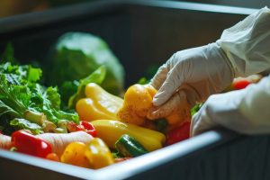 Gloved hands discarding spoiled vegetables into a trash bin in a kitchen bright light food waste management